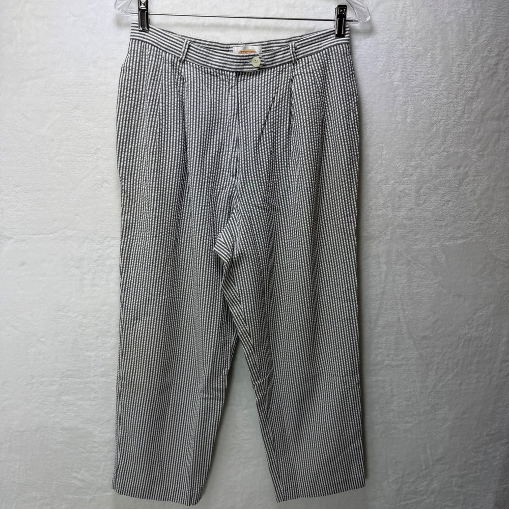 Talbots Womens 12P Seersucker Pants Black White Striped Petite Made in‎ USA